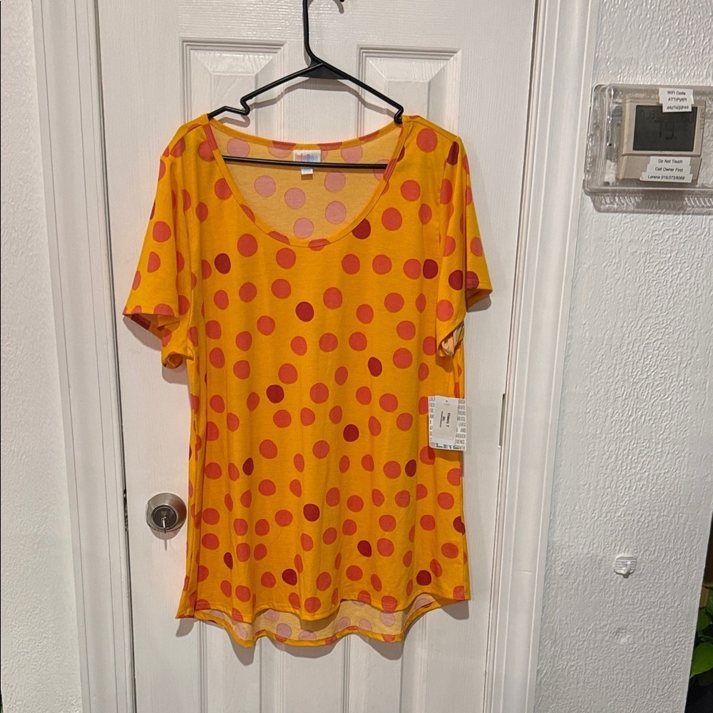 LuLaRoe Orange and Red Polka Dot Short Sleeve Top